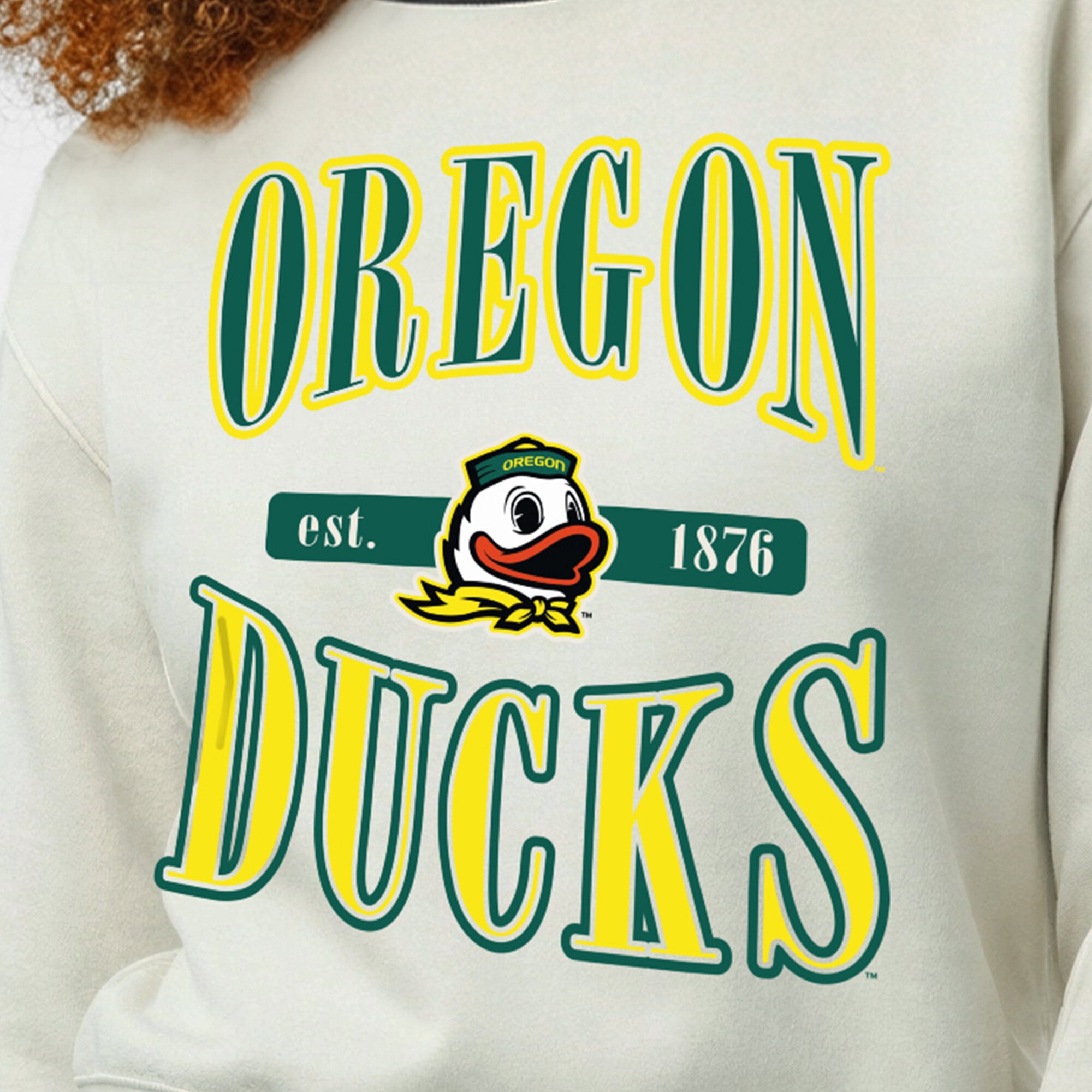 Women's Champion White Oregon Ducks Yarn Dye Rib Reverse Weave Crew Sweatshirt